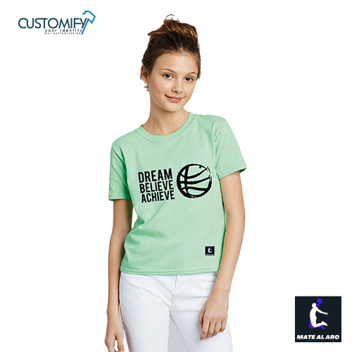 Camiseta Infantil Basketball Dream.Believe.Achieve, Mate Al Aro, color Verde