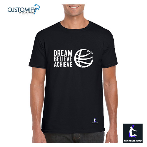 Camiseta Unisex Basketball Dream.Believe.Achieve, Mate Al Aro, color Negro