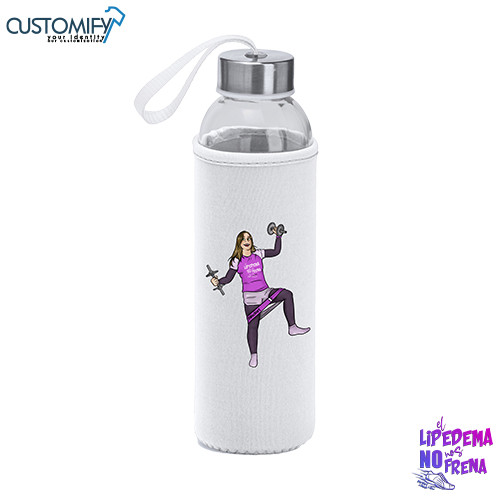Bidon , de cristal + funda en neopreno, Color Blanco con caricatura EL LIPEDEMA NO NOS FRENA