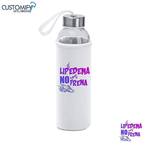 Bidon , de cristal + funda en neopreno, Color Blanco con slogan EL LIPEDEMA NO NOS FRENA