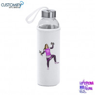 Bidon , de cristal + funda en neopreno, Color Blanco con caricatura EL LIPEDEMA NO NOS FRENA