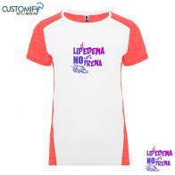 Camiseta MC. técnica combinada a 2 tejidos, Mujer Blanco/coral EL LIPEDEMA NO NOS FRENA