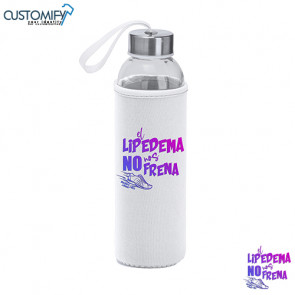 Bidon , de cristal + funda en neopreno, Color Blanco con slogan EL LIPEDEMA NO NOS FRENA