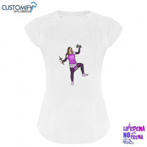 Camiseta MC. técnica multi-deporte estilo manga ranglan. Cuello pico, Mujer Blanco con caricatura EL LIPEDEMA NO NOS FRENA